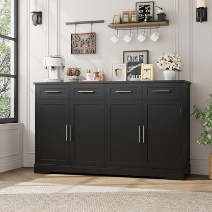 HOSTACK 60" Large Buffet Sideboard with Storage, 36" Tall Kitchen Buffet Storage Cabinet with 4 Drawer, Modern Coffee Bar Cabinet with Silver Handle, Long Sideboard Buffet Table for Kitchen, Black - color: Black