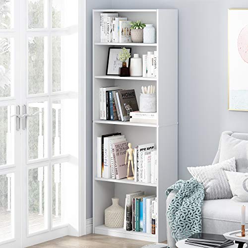 Furinno Jaya 5-Tier Book Shelf with Adjustable Shelves, White Bookshelf, Bookcase, 9.5 x 24.5 x 71.2, for Living Room, Bedroom, Home Office, Plain White - color: White, size: 5-Tier (New)