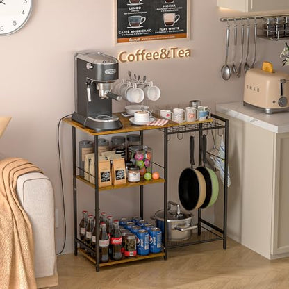 Kitchen Stand with Pots Rack, Utility Microwave Oven Stand with Storage, 5 Tiers Coffee Bar Table, Small Kitchen Bakers Rack with 6 S Hooks, Kitchen Storage Shelf Rack for Spices, Pots, Rustic Brown
