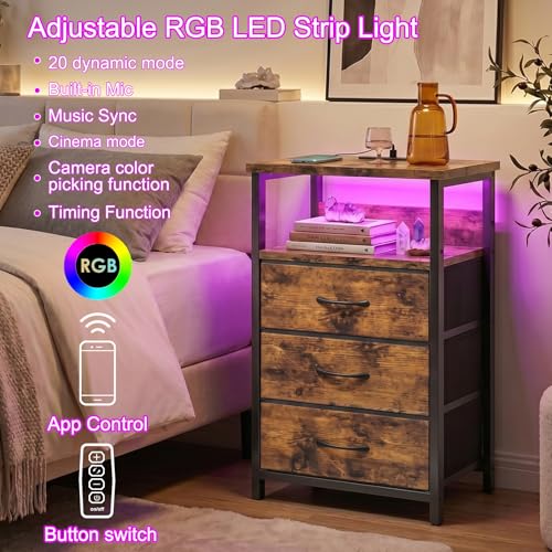 Fixwal Night Stand with Charging Station, LED Nightstand with Fabric Drawers, End Table with PU Finish, Bed Side Table, Rustic Brown - color: Rustic Brown, size: 27.6"H (3 drawers), style: Power+Light (1pc)