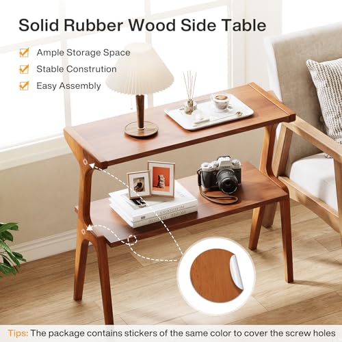 Tribesigns 2-Tier Solid Wood Side Table, Mid-Century Modern End Table with Storage Shelves, Tall Slim Side Table for Couch with Unique Legs, Long Bedside Table for Bedroom, Living Room, Cherry - color: Cherry
