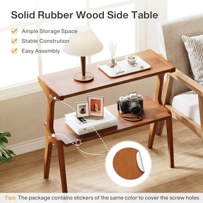 Tribesigns 2-Tier Solid Wood Side Table, Mid-Century Modern End Table with Storage Shelves, Tall Slim Side Table for Couch with Unique Legs, Long Bedside Table for Bedroom, Living Room, Cherry - color: Cherry