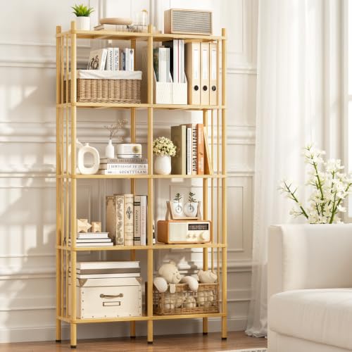 5 Tier Book Shelf, Tall Bamboo Bookcase, Wide Bookshelf with 10 Open Display Shelves Storage Organizer, Adjustable Bookshelves Standing Shelf Units for Bedroom, Living Room, Home Office - color: Natural, size: 5 Tier