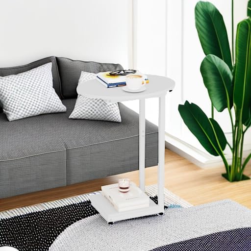 Hosfais Small Side Table End Table, C Shaped Oval Coffee Table, Wooden TV Tray for Living Room, Bedroom, Couch, Small Spaces (White) - color: White, size: Oval