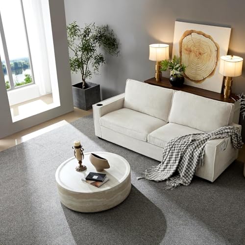 Modern Round Coffee Table End Table Set of 2 Faux Travertine Marble Pattern Circle Coffee Tables Side Table Set for Living Room Apartment No Need Assembly (Fiberglass 2piece) - color: Faux Travertine-round-set of 2