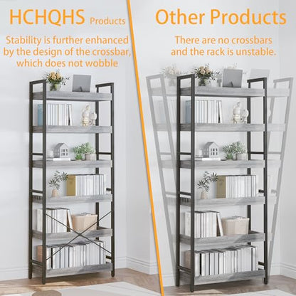 HCHQHS 6 Tier Bookshelf, Adjustable Industrial Bookcase, Vertical Tall Book Shelf, Wood and Black Metal Open Bookshelves for Home Office, Living Room, Bedroom - color: Grey, size: 6-Tier (24"W x 70"H)