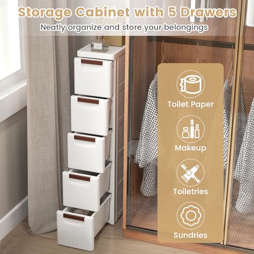 LOKO 5-Drawer Narrow Storage Cabinet, Slim Rolling Cart (7.5"x16.5"x36") | Mobile Plastic Cart Container | Pull Handles & Built-in Wheels | For Living Room, Kitchen, Bathroom, Office - size: 7.5"x16.5"x36" (5 Drawer)