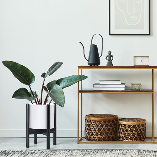 D'vine Dev Plastic Pot with Ebony Wood Stand, White, 8 in, 55-C-K-1 | Mid-Century Inspired Design, Elevated Plant Display, Clean Lines, Sturdy Support, Modern Space-Saving Style - color: Matte White Pot + Ebony Stand, size: 8 Inch
