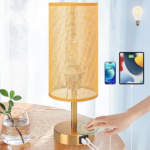 Yarra-Decor Bedside Lamp with USB Port - Touch Control Table Lamp for Bedroom Wood 3 Way Dimmable Nightstand Lamp with Round Flaxen Fabric Shade for Home Office (LED Bulb Included) (Y - NET) - color: Net