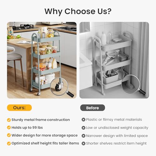 DUMOS 4 Tiers Metal Rolling Utility Cart with Lockable Wheels, Mobile Storage Organizer, Utility Shelving Unit for Kitchen, Office, Bathroom, Laundry, Narrow Places, Light Green - color: 4-tier Green