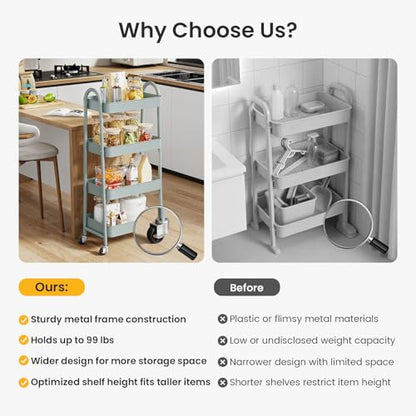 DUMOS 4 Tiers Metal Rolling Utility Cart with Lockable Wheels, Mobile Storage Organizer, Utility Shelving Unit for Kitchen, Office, Bathroom, Laundry, Narrow Places, Light Green - color: 4-tier Green