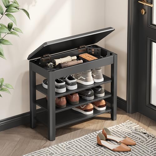 IUNVR Shoe Rack Bench Seat Rubberwood 3-Tier Wooden Storage Bench 550lbs Compact Mid-Century Modern Design for Entryway, Hallway, Closet, Front Door Entrance, Foyer - color: Black-3 Tier(wood), size: 23.6"W x 11.8"D x 20.5"H