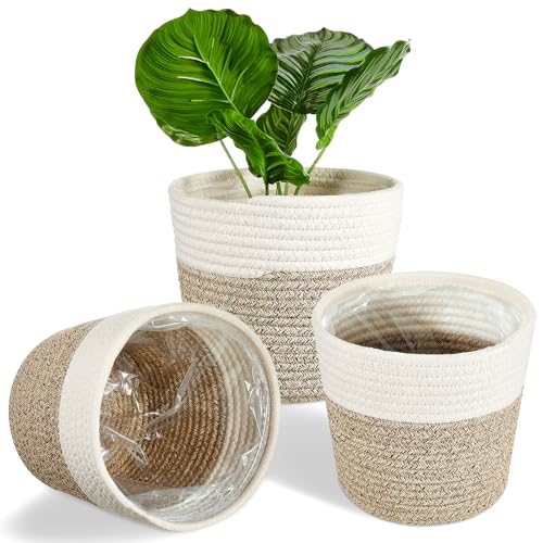 FoldTier 3 Pack Cotton Rope Plant Baskets with Plastic Liner, 7.5 x 6.5 Inch Woven Indoor Planter Basket for 6 Inch Pots, Rustic Boho Plant Pot Covers for Home Shelf Table Decor(White, Beige) - color: White and Beige