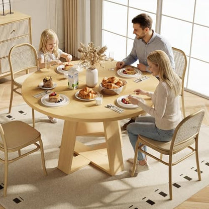 47.2" Round Dining Table for 4-6, Circle Kitchen Table with Open Storage Shelf, Farmhouse Dinner Table with Cross Pedestal Base for Dining Room, Kitchen, Living Room, Burlywood - color: Burlywood