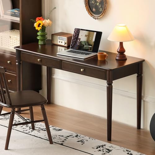 Solid Wood Work Desk, Retro Mid Century Modern Home Office Desk Featuring Drawers and Hand-Carved Legs, Multi-Functional Writing Table for Study & Daily Office Work 47.24" W - color: Walnut Color-poplar Wood, size: 47.24"W