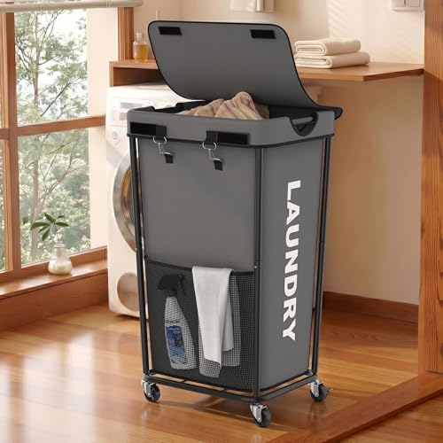 Laundry Hamper with Wheels and Lid, 110L Heavy Duty Rolling Laundry Basket, 88 lbs Capacity, Removable Inner Bag, Clothes Storage Organizer for Bedroom Bathroom Dorm, Gray - color: Gray, size: 110L