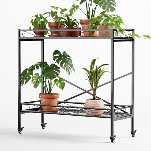 Zhongma 2 Tier Window Height Sturdy Metal Plant Stand with Wheels, 40.5x16x39.4 Inch High, Heavy Duty Succulent Shelf for Home Indoor and Outdoor, 440 LBS Capacity & Heavy Duty Construction - color: 2 Tier 40.5x16x39.4 Inch High