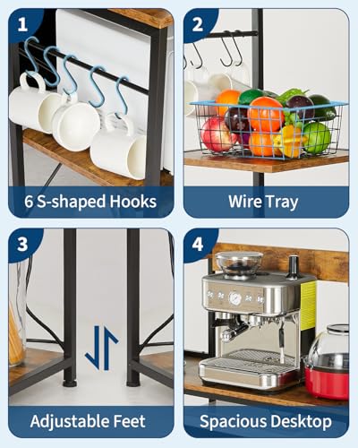 Garvee Kitchen Bakers Rack with Power Outlet 55 * 66inch, Microwave Oven Stand with Storage 4 Tiers, Coffee Bar Table with 6 S Hooks, Kitchen Storage Shelf Rack for Spices, Pots, Rustic Brown - size: 55*66