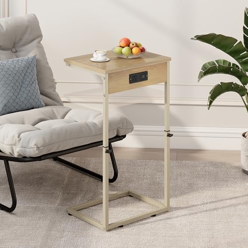 Vagusicc C Shaped End Table with Charging Station, Adjustable Height Side Table for Couch, Small Side Table, 33.2'' Tall Couch Tables that Slide Under, Tv Tray End Table for Living Room, Natural - color: Natural (1 Pack), style: With Plug