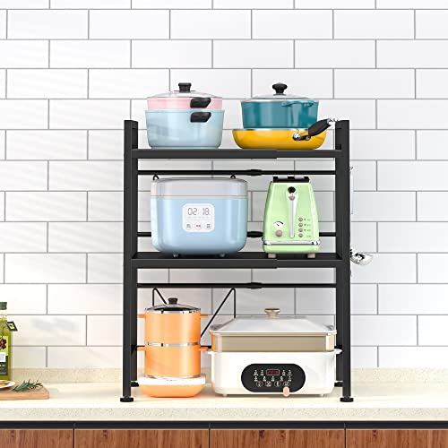 PUSDON 3-Tier Expandable Microwave Oven Rack, Countertop Baker's Rack Style Shelf, Heavy Duty Adjustable Standing Shelf with Hooks, 160lbs Capacity Kitchen Space Saver, Matte Black - color: Matte Black, size: H-frame 3 tier