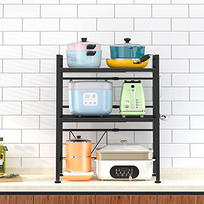 PUSDON 3-Tier Expandable Microwave Oven Rack, Countertop Baker's Rack Style Shelf, Heavy Duty Adjustable Standing Shelf with Hooks, 160lbs Capacity Kitchen Space Saver, Matte Black - color: Matte Black, size: H-frame 3 tier