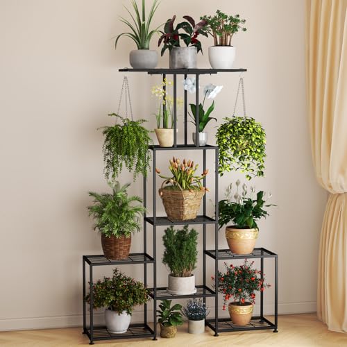 Plant Stand Indoor Outdoor, Metal 6 Tier Tall Hanging Plant Shelf for Multiple Flower Planter Large Heavy Duty Ladder Plant Holder for Garden, Black (y-202) - size: y-202