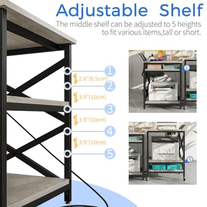 METYERRY Large Printer Stand with Power Outlet, with Height Adjustable Storage Shelf, 3 Tier Rolling Printer Cart with Industrial Wheels, 23.6 x 23.6 Inches Printer Table for Home Office, Greige - color: Greige