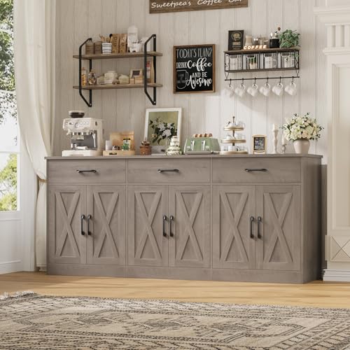 HOSTACK 71" W Farmhouse Kitchen Sideboard Buffet Cabinet with Storage, Grey | Large Coffee Bar Cabinet with 3 Wide Drawers, Long Buffet Table with Shelves, Kitchen Storage Cabinet for Dining Room - color: Ash Grey
