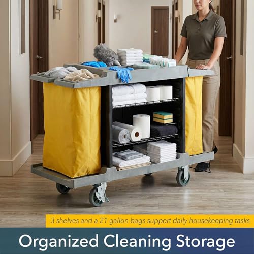59” x 21” x 38” 3-Shelf Multifunctional Housekeeping Cart - Commercial Hotel Cart with 2 Vinyl Bags, 8 Top Compartments, Vacuum Bracket, Locking Casters for Janitorial and Room Service Use - 132 lb - size: Medium (3 Shelf)