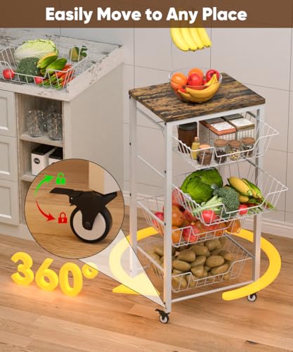 Fruit Vegetable Storage Cart for Kitchen, 5-Tier Vegetable Stand Rack with Pull-Out Fruit Baskets, Rolling Snack Cart with Wood Top & Banana Holder for Pantry, Living Room, Bathroom, White - style: White