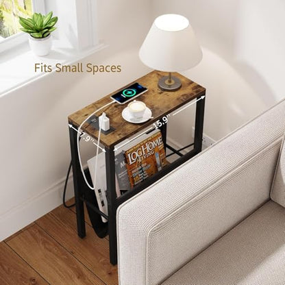 Narrow Side Table with Charging Station, Skinny Nightstand with USB Ports & Outlet, Slim Sofa Side Table with Storage Bag, Small End Table for Small Spaces, Living Room, Bedroom, Rustic Brown - color: Rustic Brown