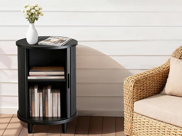 DHH End Table Set of 2 with Storage & Charging Station, Fluted Accent Side Table with Sliding Door & Adjustable Shelf, Mid-Century Nightstand for Small Spaces, Living Room, Bedroom(2,Black) - color: Black