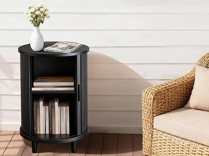 DHH End Table Set of 2 with Storage & Charging Station, Fluted Accent Side Table with Sliding Door & Adjustable Shelf, Mid-Century Nightstand for Small Spaces, Living Room, Bedroom(2,Black) - color: Black