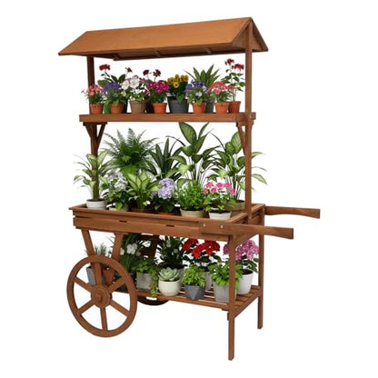 Vintage Flower Stand Cart, Vintage Wooden 3 Tier Flower Cart, Large Flower Rolling Cart for Display Candy Party Favors and Crafted Items