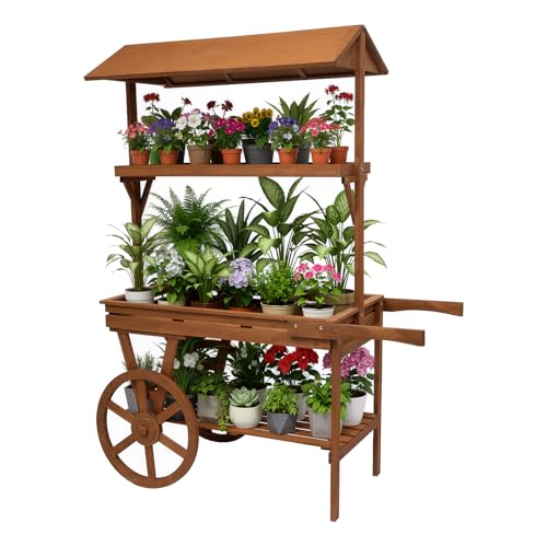 Vintage Flower Stand Cart, Vintage Wooden 3 Tier Flower Cart, Large Flower Rolling Cart for Display Candy Party Favors and Crafted Items
