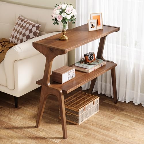 Tribesigns Solid Wood End Table, 2-Tier Farmhouse Side Table with Storage Shelves, Slim Side Table for Couch with Unique Legs, Long Bedside Table for Bedroom, Living Room, Rustic Brown - color: Rustic Brown