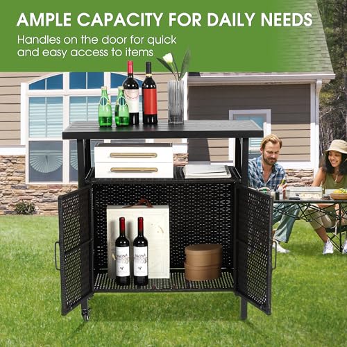 HOMEFUN Outdoor Bar Table Featuring Storage Cabinet: Wheeled Patio Serving Carts, Wicker Grill Cart Prep Station & Rolling Kitchen Island for Patio, Backyard and Outside Use, in Black - color: 03-black