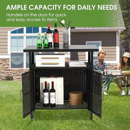 HOMEFUN Outdoor Bar Table Featuring Storage Cabinet: Wheeled Patio Serving Carts, Wicker Grill Cart Prep Station & Rolling Kitchen Island for Patio, Backyard and Outside Use, in Black - color: 03-black