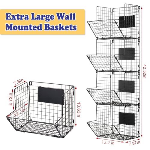 X-cosrack Metal Wire Basket Wall Mount, 4 Tier Extra Large Wall Storage Basket Organizer with Chalkboards, Kitchen Fruits and Vegetables Produce Bin Rack Toys Organizer Bathroom Tower Baskets (Black) - color: Black-4 Tiers
