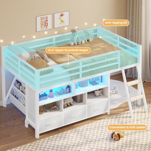BTHFST Low Loft Bed Twin Size with 3 Storage Drawers, 3-Tier Kids Bookshelf, 5 Open Cubbies and 2 LED Lights Strips, Metal Kids Loft Bed with High Safety Guardrail, Inclined Ladder and Play Area - color: White