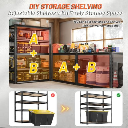 ROOMFAVE 5 Tier Garage Shelving Heavy Duty Storage Shelves, 72"x35.8"x16" | 2200LBS Load Garage Shelves, Adjustable Metal Shelving Unit for Warehouse, Pantry, Kitchen, Basement, Black