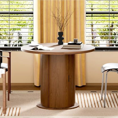 Wildhome Round Dining Table for 2-3, 31 Inch Dining Room Kitchen Table with 2-Tier Storage Shelf & Wine Rack, Modern Farmhouse Fluted Wood Slide Door Dinner Furniture,Circle(Non scalable-32 In-Walnut) - color: Non-scalable-32 Inch-walnut