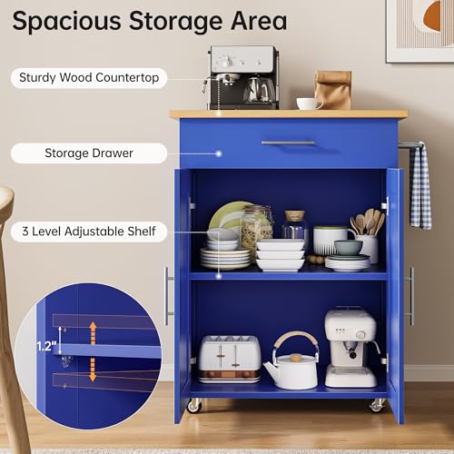 Mobile Kitchen Island on Wheels, Large Drawer, Blue | On Wheels, Large Drawer, Adjustable Shelf, Towel Rack, Rolling Island Table,for Kitchen & Dining Room - size: Small Kitchen Island, style: Modern Blue