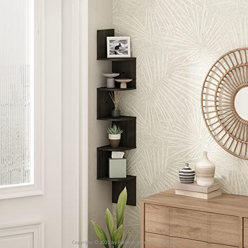 Furinno Rossi 5-Tier Floating Corner Shelf for Wall, Corner Zigzag Shelf Wall Mounted, Radial Wall Mount Shelves, for Home Office, Living Room, Bedroom, Bathroom, Espresso - color: Espresso, size: 5-Tier Square