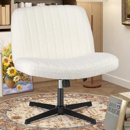 OLIXIS Criss Cross Chair, Vanity Chair, Home Office Desk | Cute Furry Teddy Fleece, Height Adjustable, Armless Wide Seating for Bedroom Student Study Room, Teddy Beige No Wheel - color: Teddy Beige No Wheel
