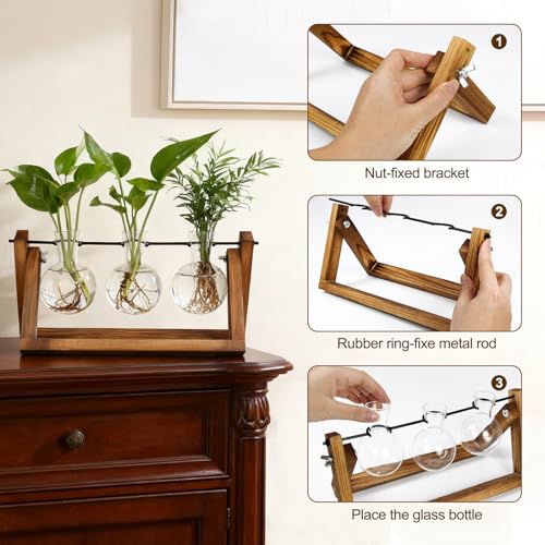 Renmxj Plant Propagation Station, Plant Terrarium with Wooden Stand | Unique Gardening Birthday Gifts for Women Plants Lovers, Home Office Garden Decor Planter - 3 Bulb Glass Vases - size: 3 Bulb Vase