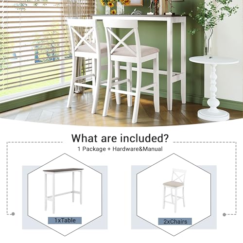 Farmhouse Rustic 3-Piece Counter Height Wood Kitchen Dining Sets, Home Bar Pub Kitchen Set, 48'' Long Bar Table with 2 Upholstery Chairs for Small Places - color: Beige-3-piece
