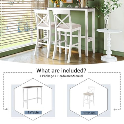 Farmhouse Rustic 3-Piece Counter Height Wood Kitchen Dining Sets, Home Bar Pub Kitchen Set, 48'' Long Bar Table with 2 Upholstery Chairs for Small Places - color: Beige-3-piece