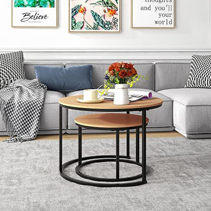 HOJINLINERO Round Nesting Coffee Table Set of 2,Cocktail Table,Large,Oak | Center Table for Living Room,Small Apartment,Small Space,Stacking Side Tables,Wood Tabletop,Sturdy and Easy to Assemble - color: Bk+oakdk, size: Large