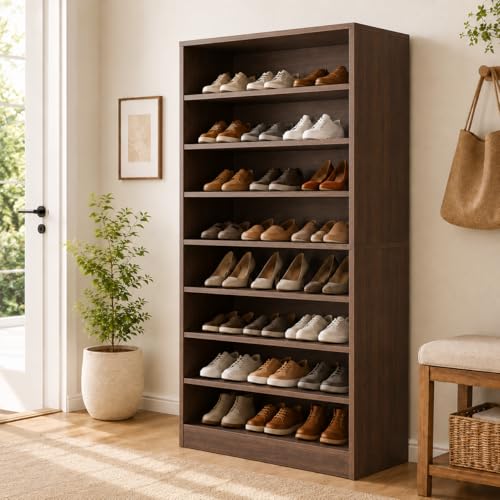Homieasy Tall Shoe Cabinet for Entryway, 9-Tier Walnut Wood Shoe Rack Cabinet, Freestanding Narrow Shoe Storage Organizer with Adjustable Shelves for Closet, Hallway, Bedroom - color: Dark Walnut, size: 9-Tier